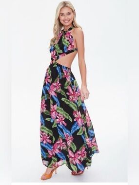 Tropical Floral Print Maxi Dress Cross Back cutout, size small, NWOT
